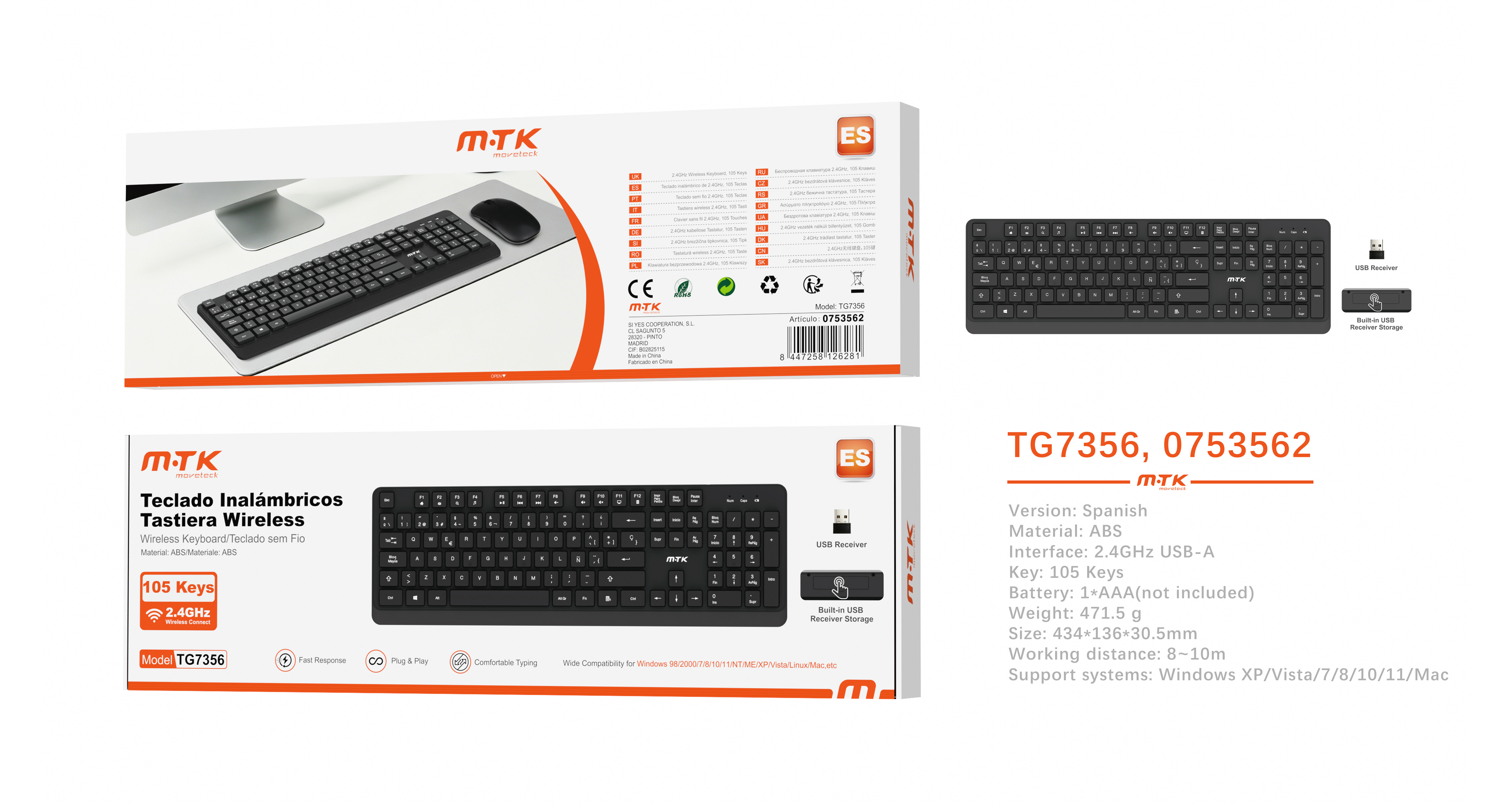 TG7356 NE Teclado inalambrico 105 key Espanol con NanoUSB 2.4 GHz, Negro