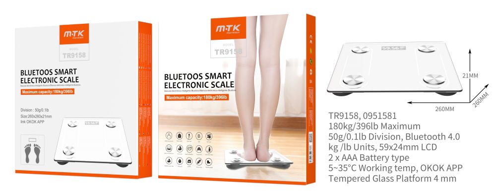 TR9158 BL Bascula de Grasa Corporal con Bluetooth, MAX 180kg/lb, Max desviacion 50g/0,1lb, 2xAAA No