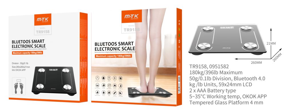 TR9158 NE Bascula de Grasa Corporal con Bluetooth, MAX 180kg/lb, Max desviacion 50g/0,1lb, 2xAAA No