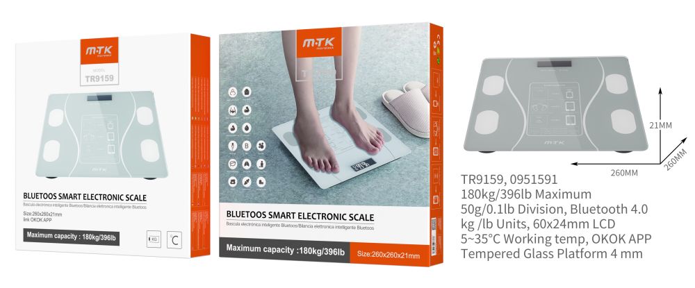 TR9159 BL Bascula de Grasa Corporal con Bluetooth, MAX 180kg/lb, Max desviacion 50g/0,1lb, 26x26x2,1