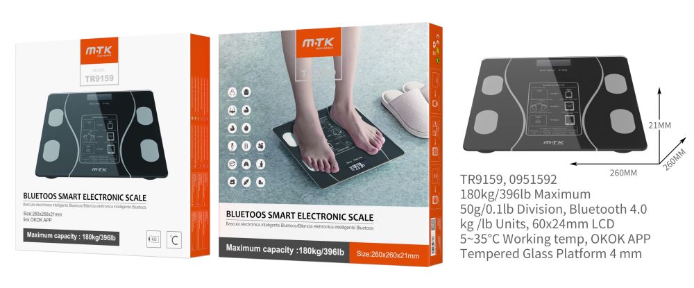 TR9159 NE Bascula de Grasa Corporal con Bluetooth, MAX 180kg/lb, Max desviacion 50g/0,1lb, 26x26x2,1