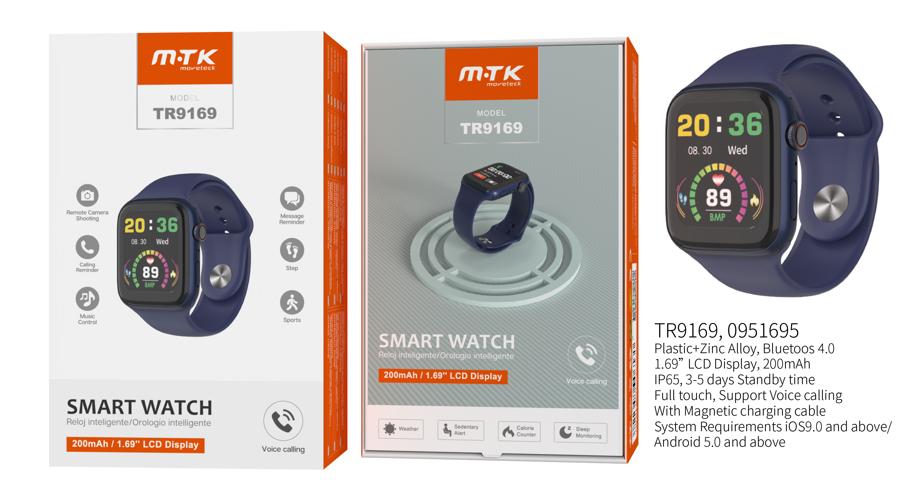 TR9169  AZ Reloj Inteligente bluetooth con Pantalla tactil de 1.69 pulgada, Permite llemadas,Imperme