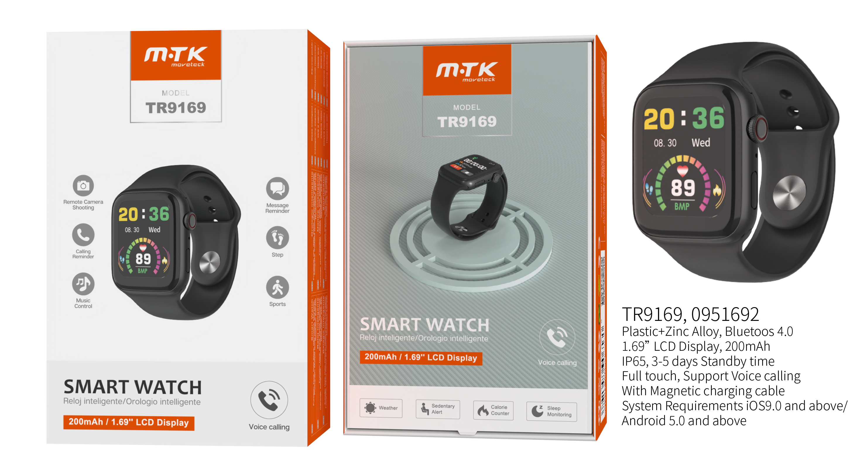 TR9169  NE Reloj Inteligente bluetooth con Pantalla tactil de 1.69 pulgada, Permite llemadas,Imperme