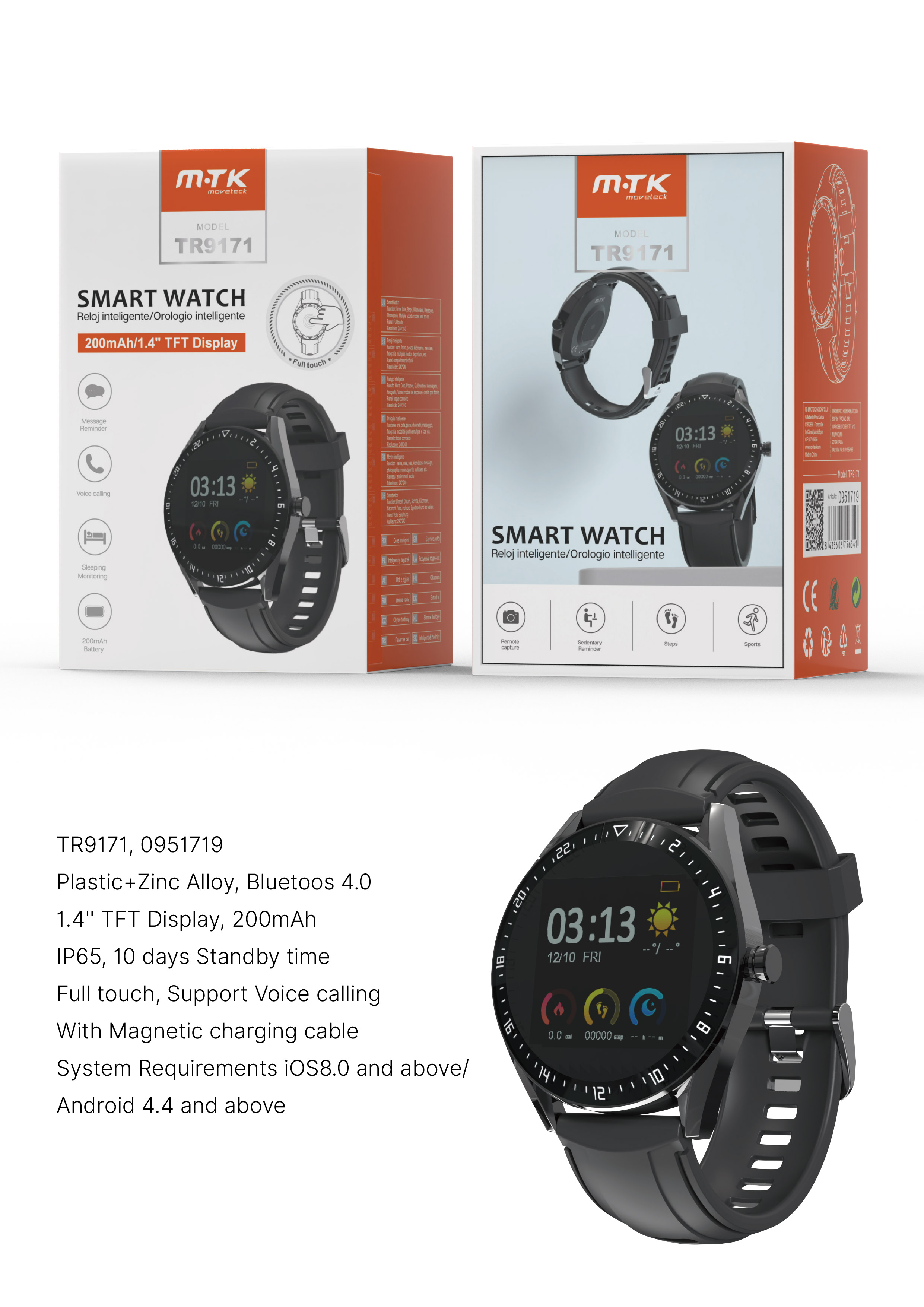 TR9171 NE Reloj Inteligente bluetooth con  pantalla Tactil TFT  1.4 Pulgada,Soporta a llamada ,Imper