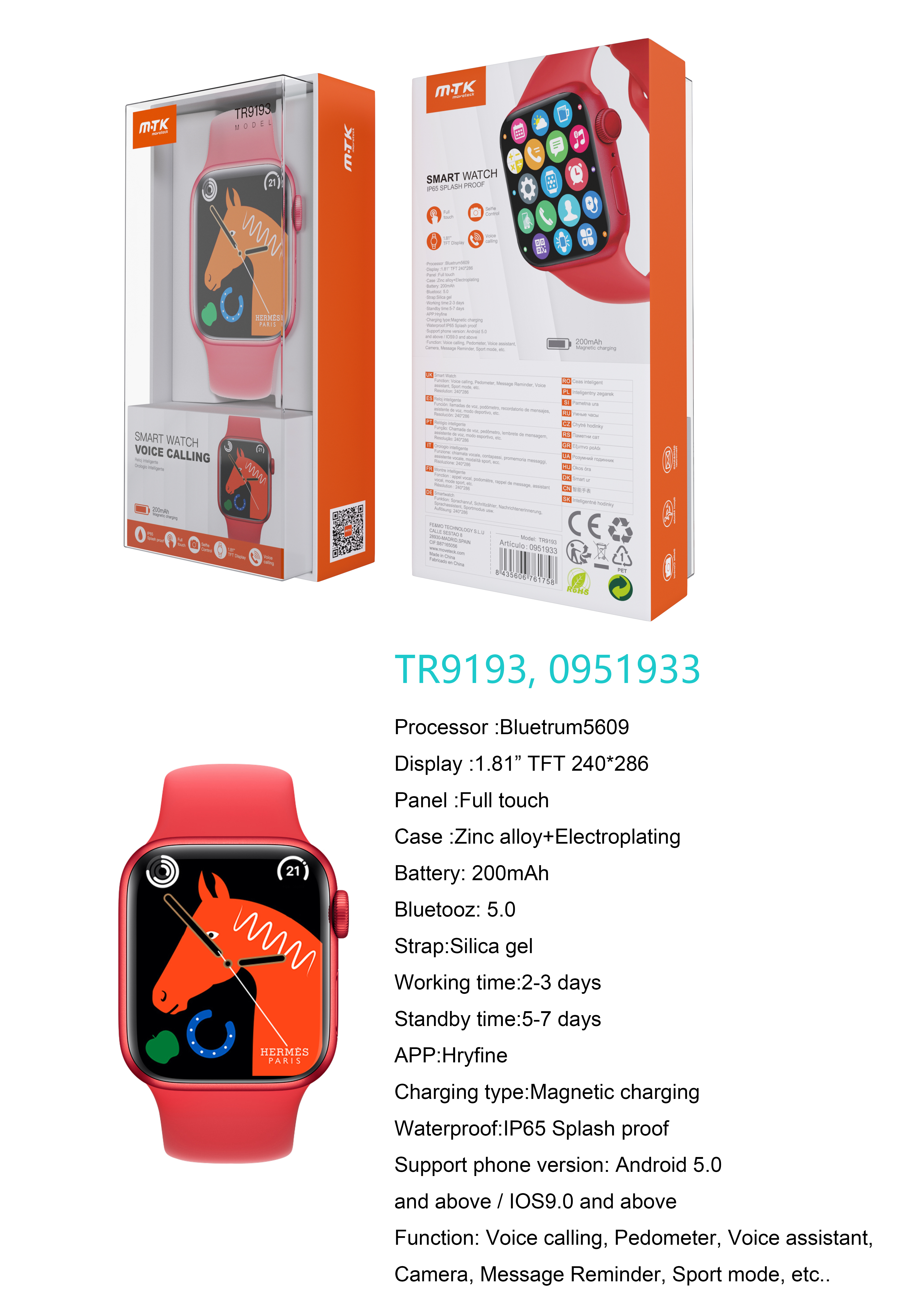 TR9193  RJ Reloj Inteligente con bluetooth 5.0, Pantalla tactil de 1.81 pulgadas, Soporta llemadas, Asistente de Voz,Impermeable IP65, Bateria 200mAh,