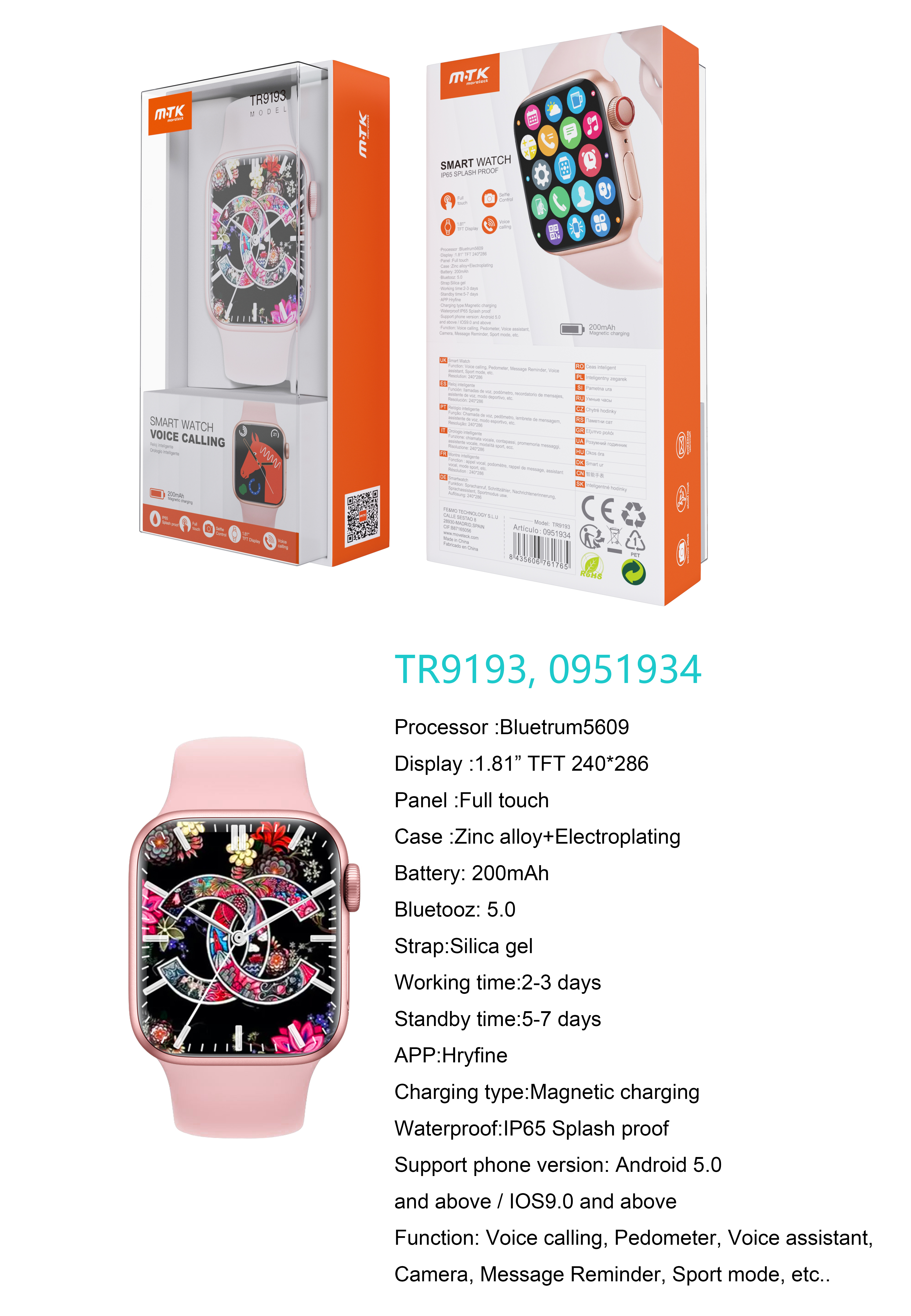 TR9193 RS Reloj Inteligente con bluetooth 5.0, Pantalla tactil de 1.81 pulgadas, Soporta llemadas, Asistente de Voz,Impermeable IP65, Bateria 200mAh,