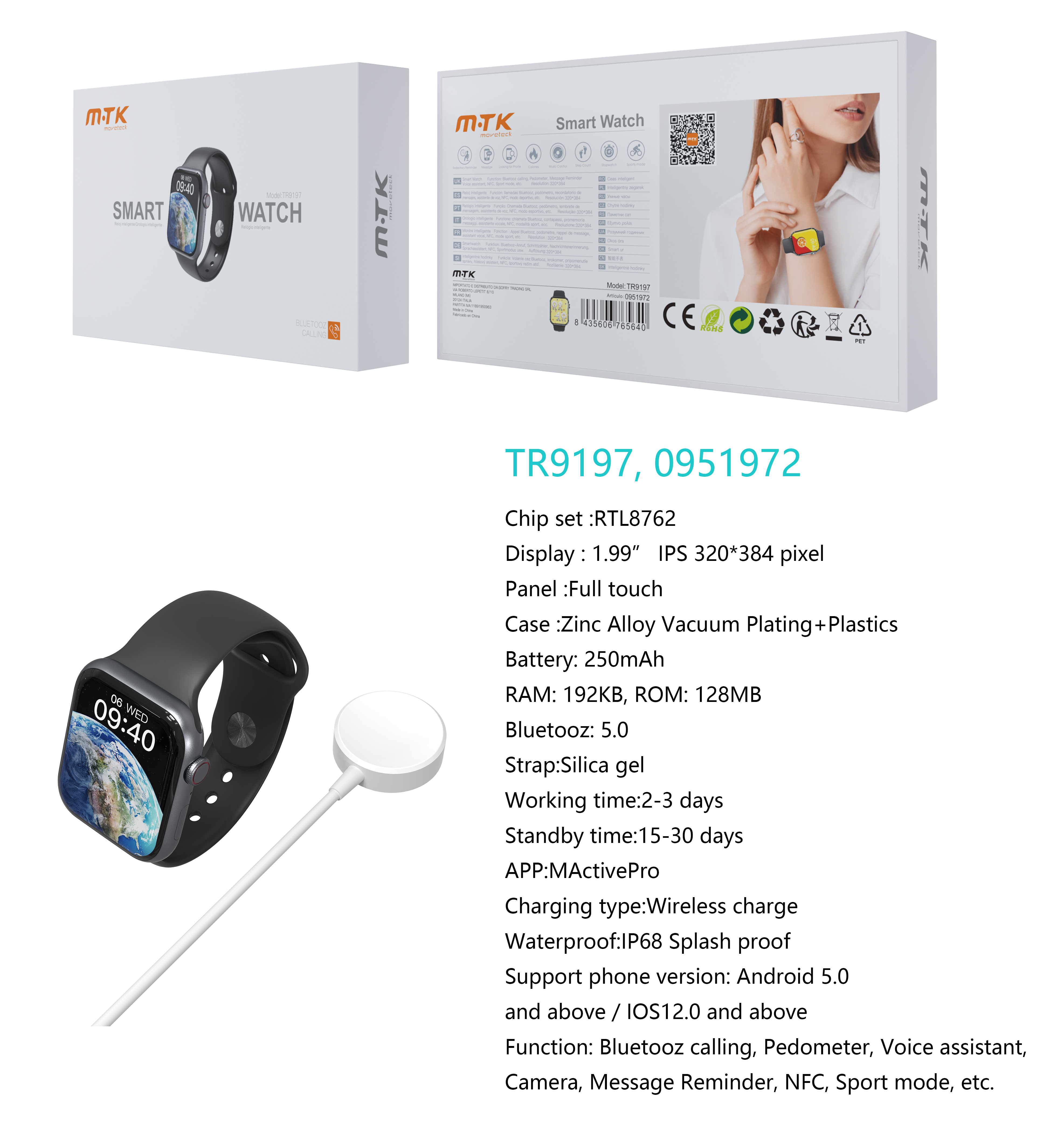 TR9197 NE Reloj Inteligente con bluetooth, Pantalla tactil de 1.99 pulgadas Con Cargador inalambrico, Soporta llemadas, Asistente de Voz,Impermeable I