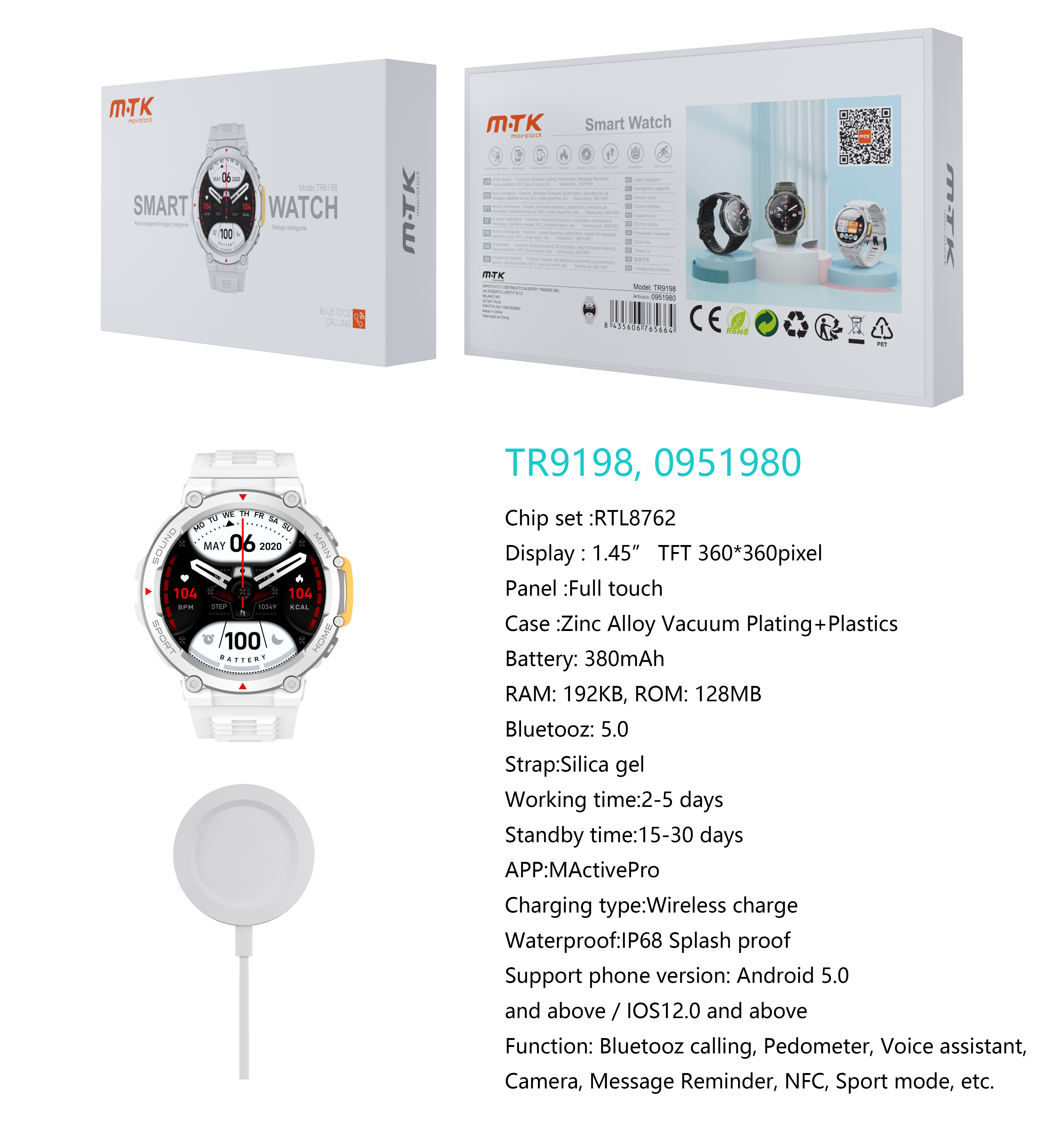 TR9198 BL Reloj Inteligente con bluetooth 5.0, Pantalla tactil de 1.45 pulgadas Con Cargador inalambrico, Soporta NFC de Puerta Inteligente, llemadas,