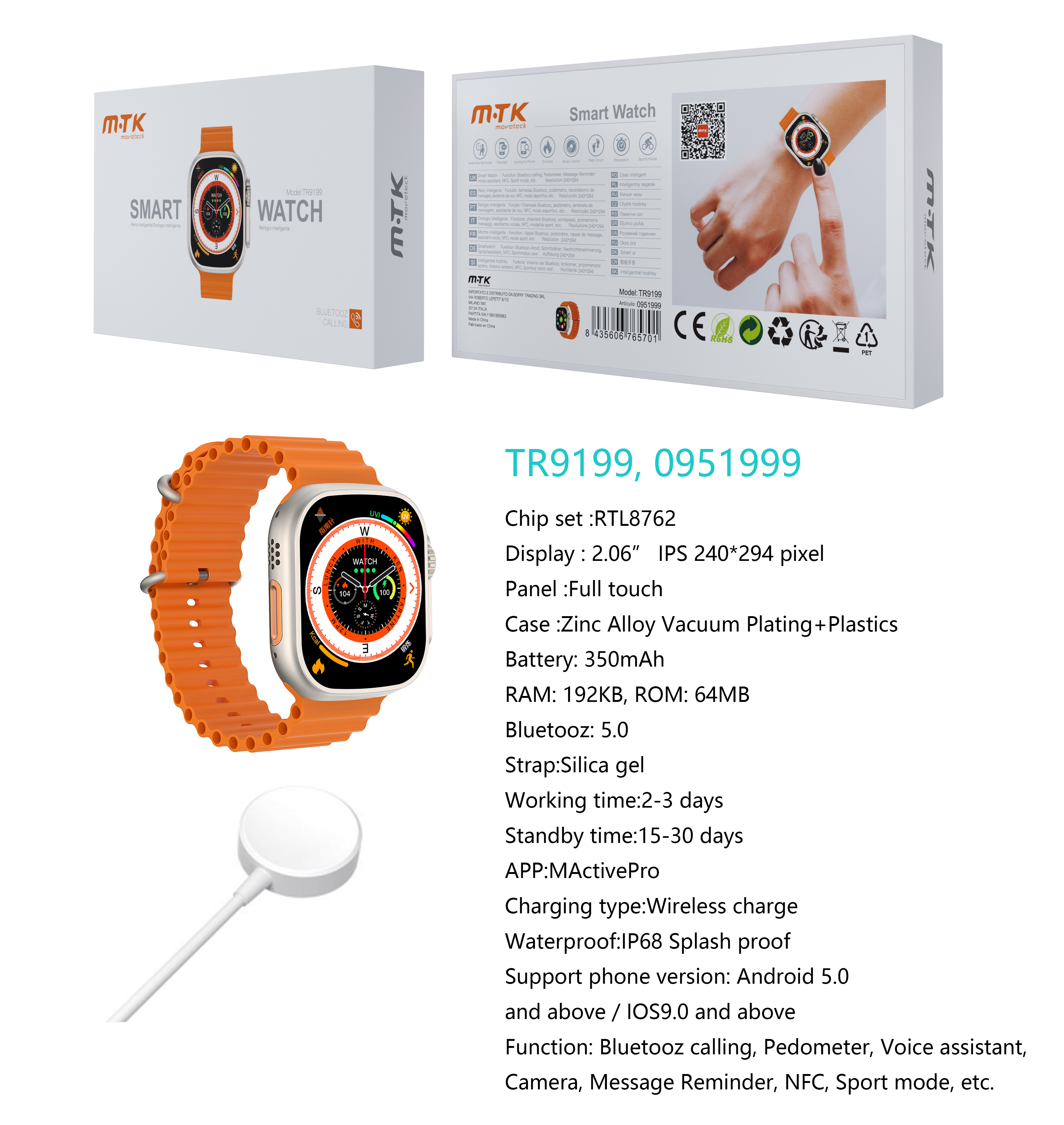 TR9199 NA Reloj Inteligente con bluetooth 5.0, Pantalla tactil de 2.06 pulgadas Con Cargador inalambrico, Soporta NFC de Puerta Inteligente, llemadas,