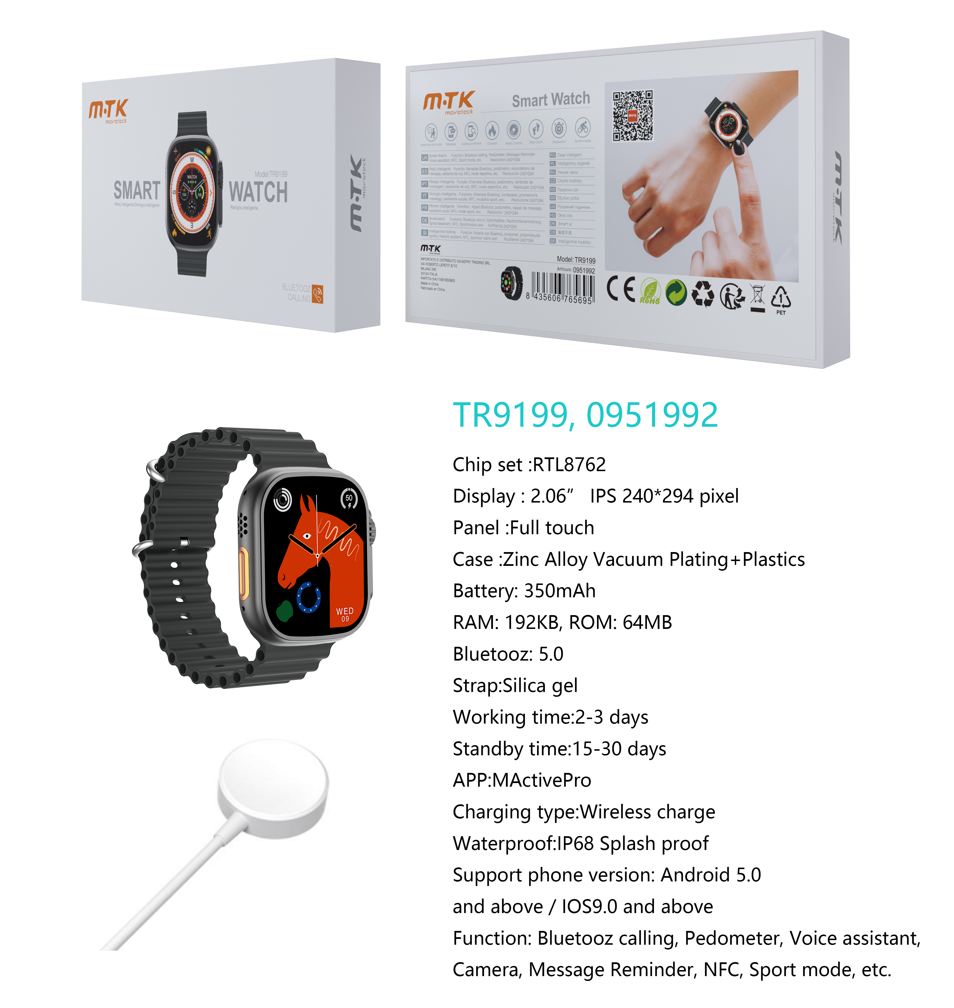 TR9199 NE Reloj Inteligente con bluetooth 5.0, Pantalla tactil de 2.06 pulgadas Con Cargador inalambrico, Soporta NFC de Puerta Inteligente, llemadas,