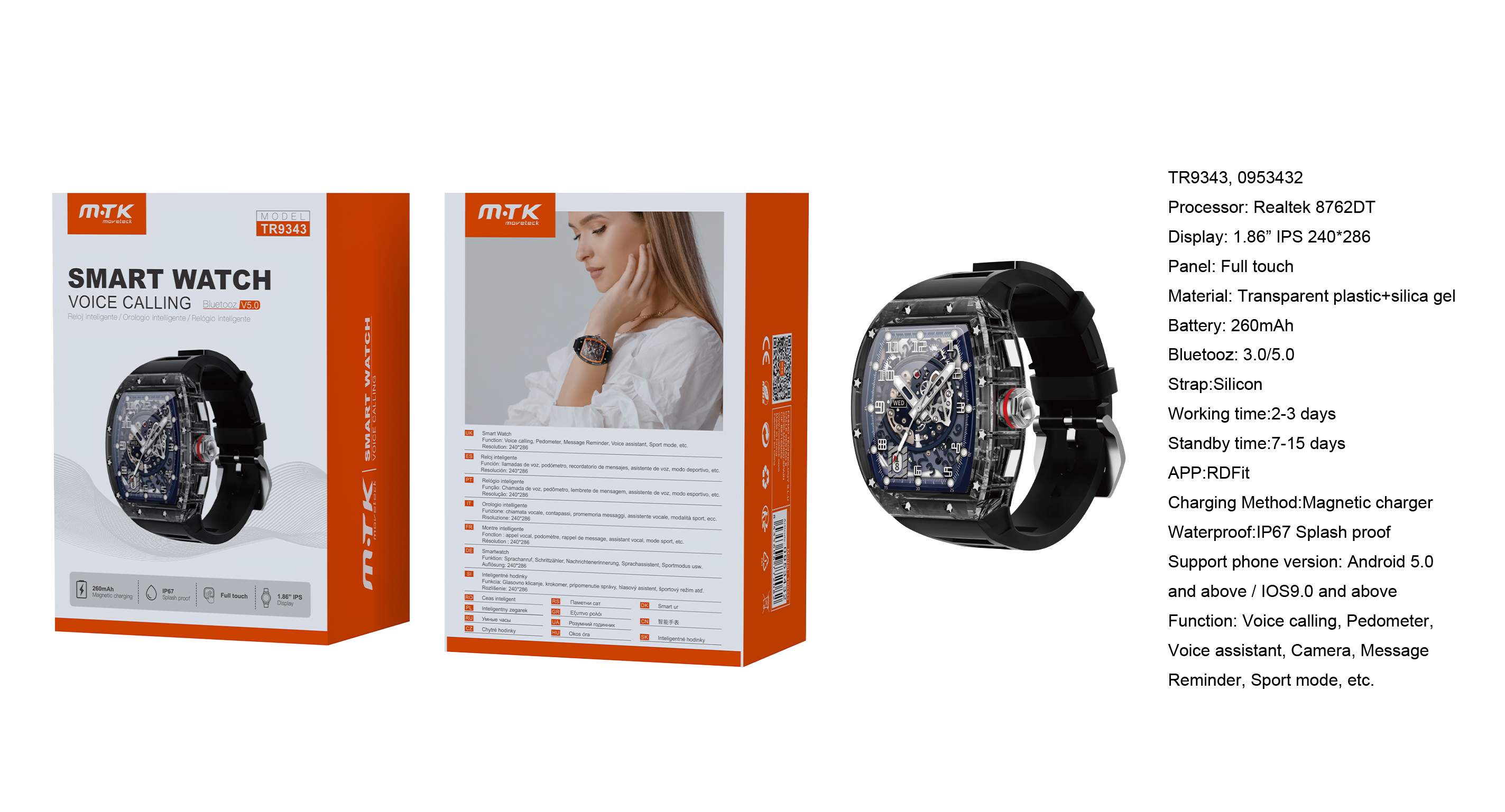 TR9343 NE Reloj Inteligente BTS Pure, Pantalla 1.86 Pulgadas, resolucion 240x286,  IP67, Bateria 260