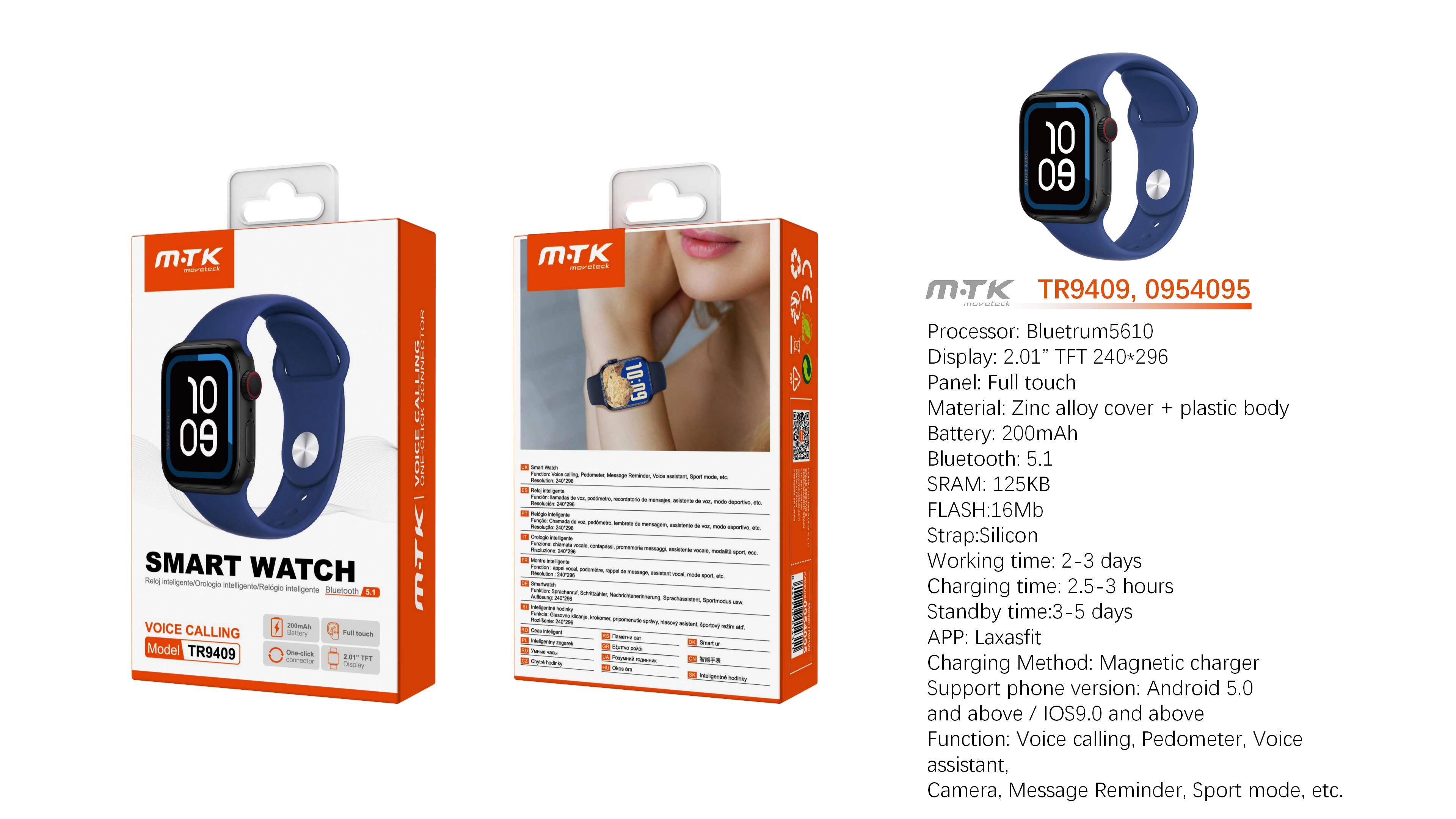 TR9409 AZ Reloj Inteligente con bluetooth 5.1, Pantalla tactil de 2.01 pulgadas, Soporta llemadas/Asistente de Voz/ Bateria 200mAh, Soporta Andriod y