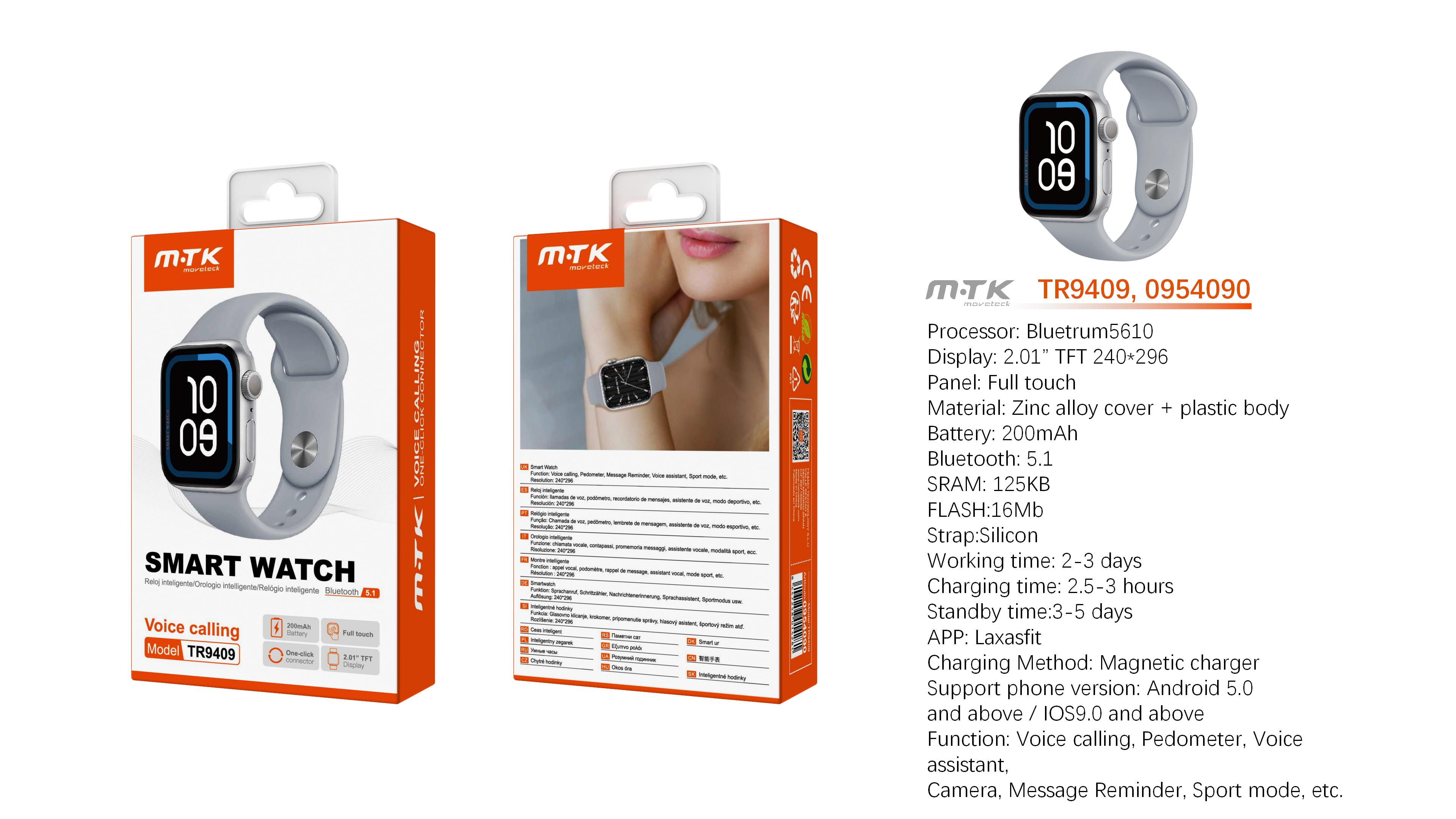 TR9409 GR Reloj Inteligente con bluetooth 5.1, Pantalla tactil de 2.01 pulgadas, Soporta llemadas/Asistente de Voz/ Bateria 200mAh, Soporta Andriod y