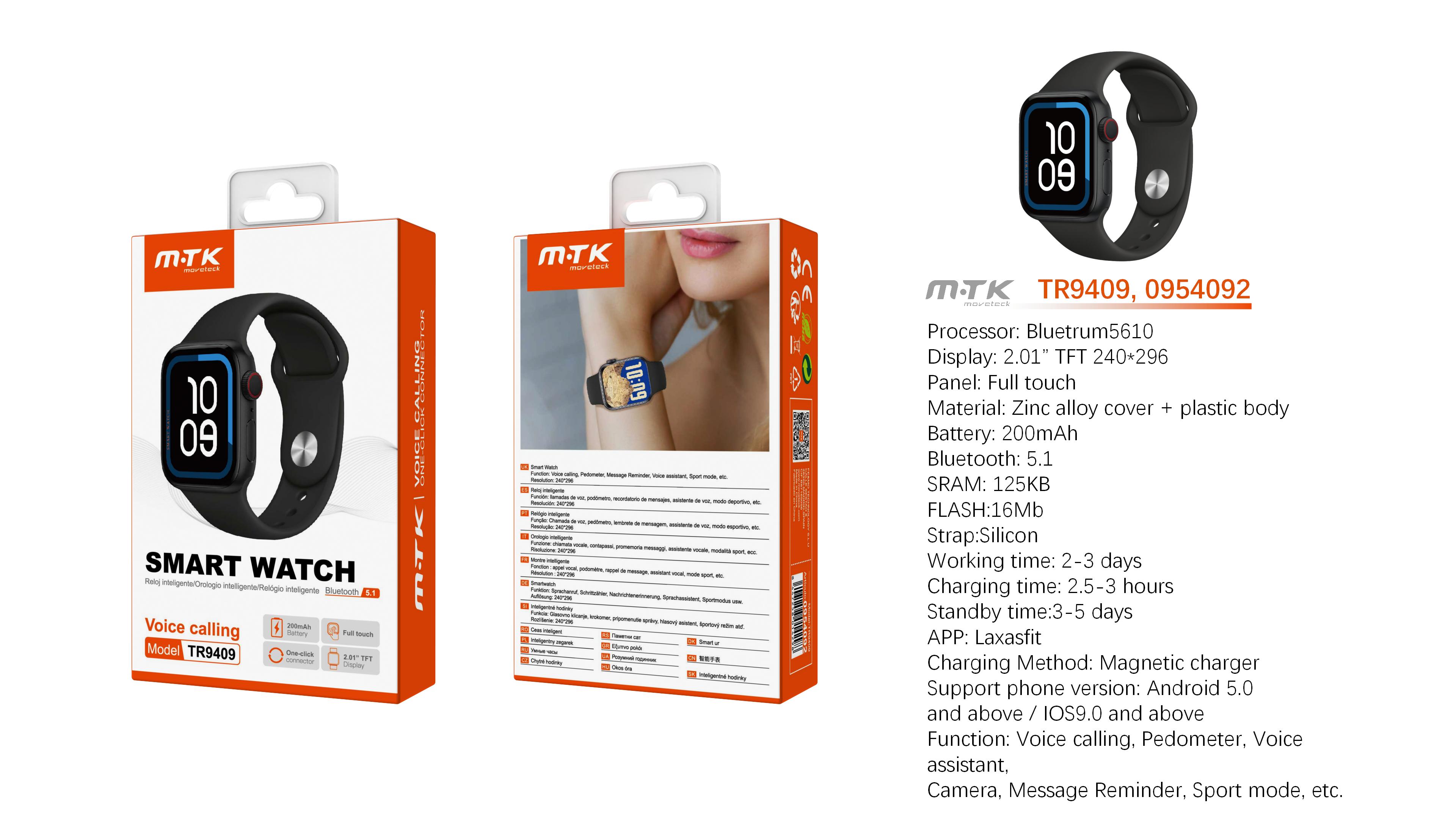 TR9409 NE Reloj Inteligente con bluetooth 5.1, Pantalla tactil de 2.01 pulgadas, Soporta llemadas/Asistente de Voz/ Bateria 200mAh, Soporta Andriod y