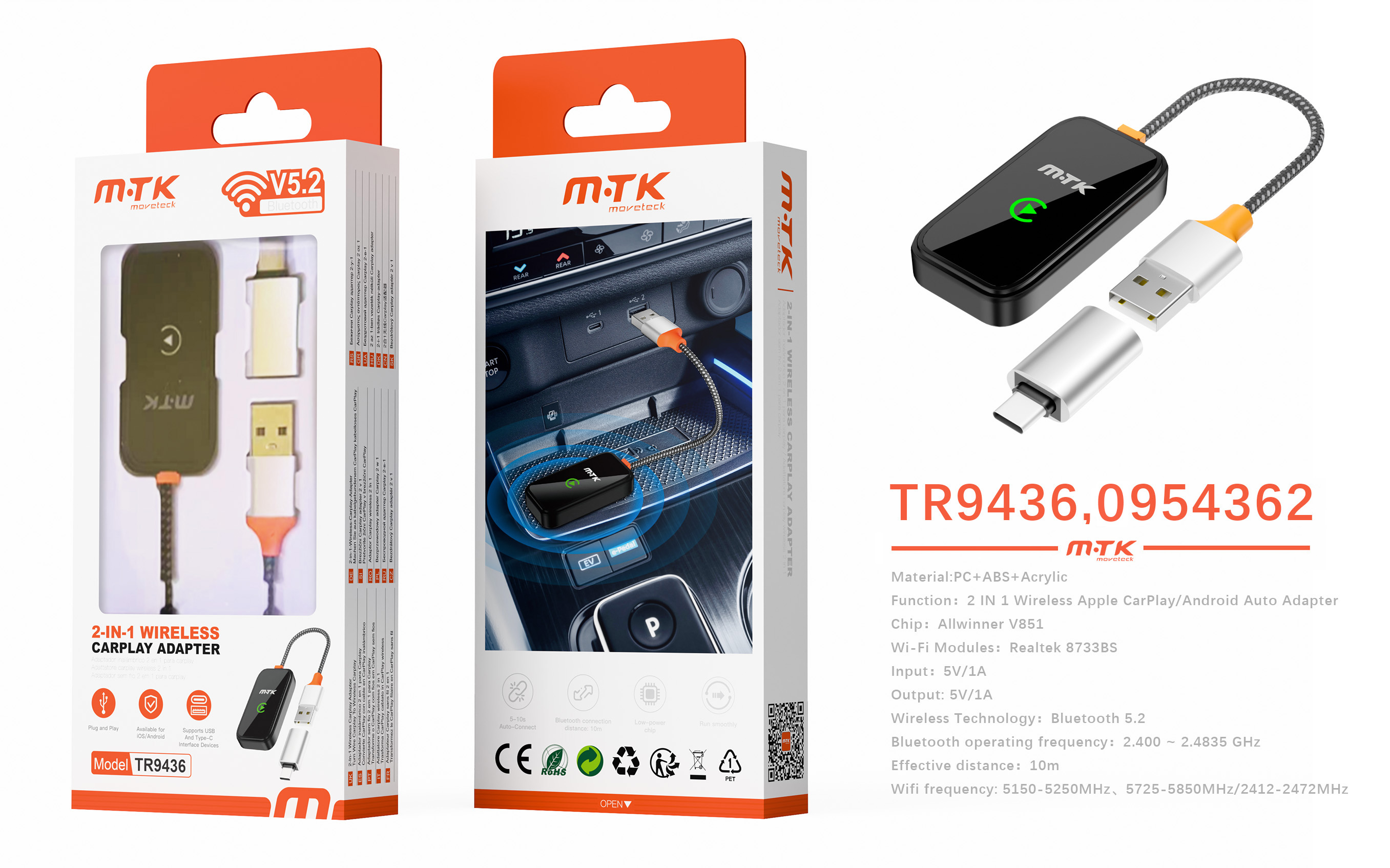 TR9436 NE Adaptador inalambrico Carplay/Android-auto de coche, Bluetooth 5.2, Negro
