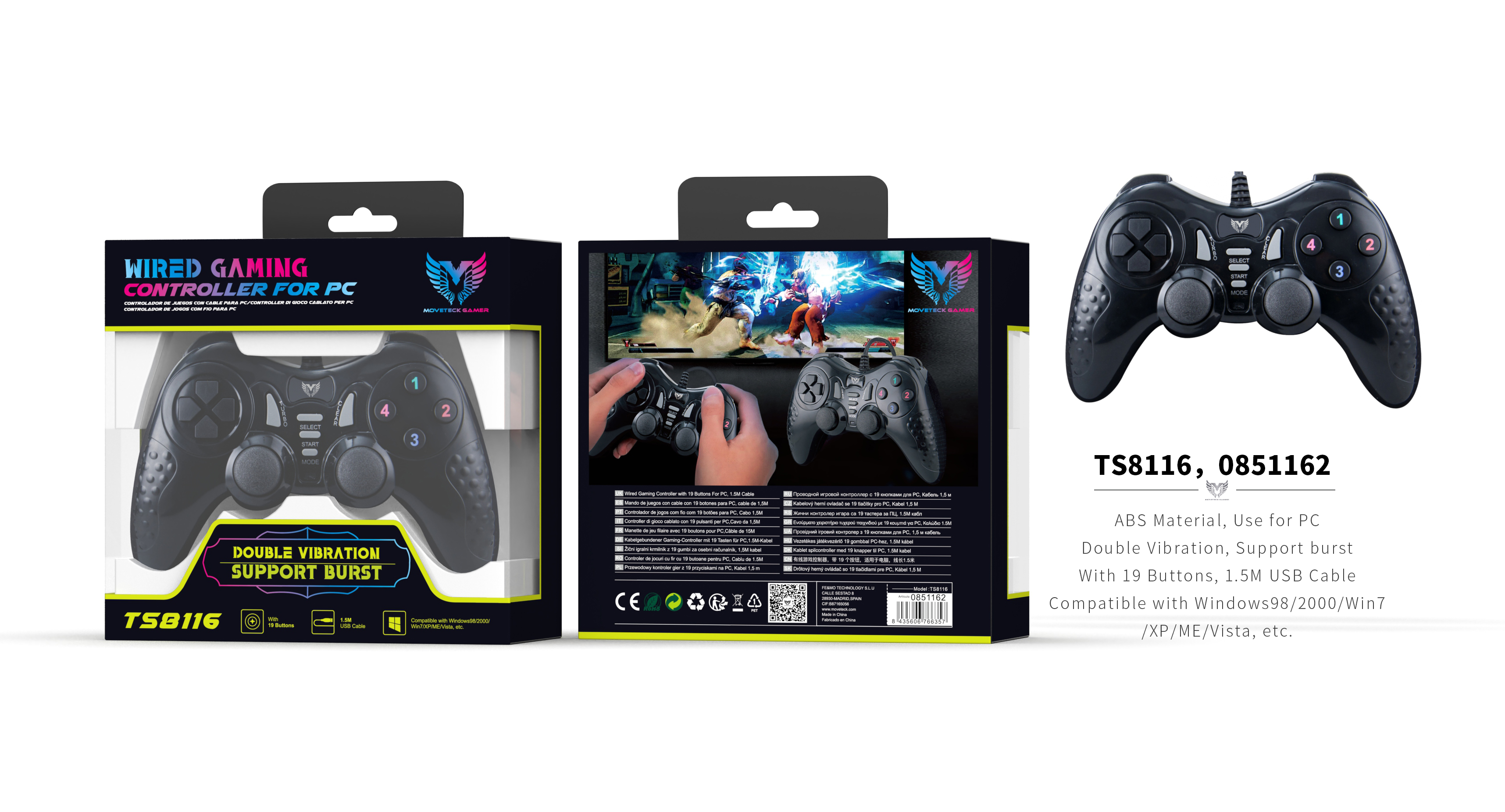 TS8116 NE Mando de control Gaming para PC, Con Doble Vibracion, Cable USB 1.5m, Negro