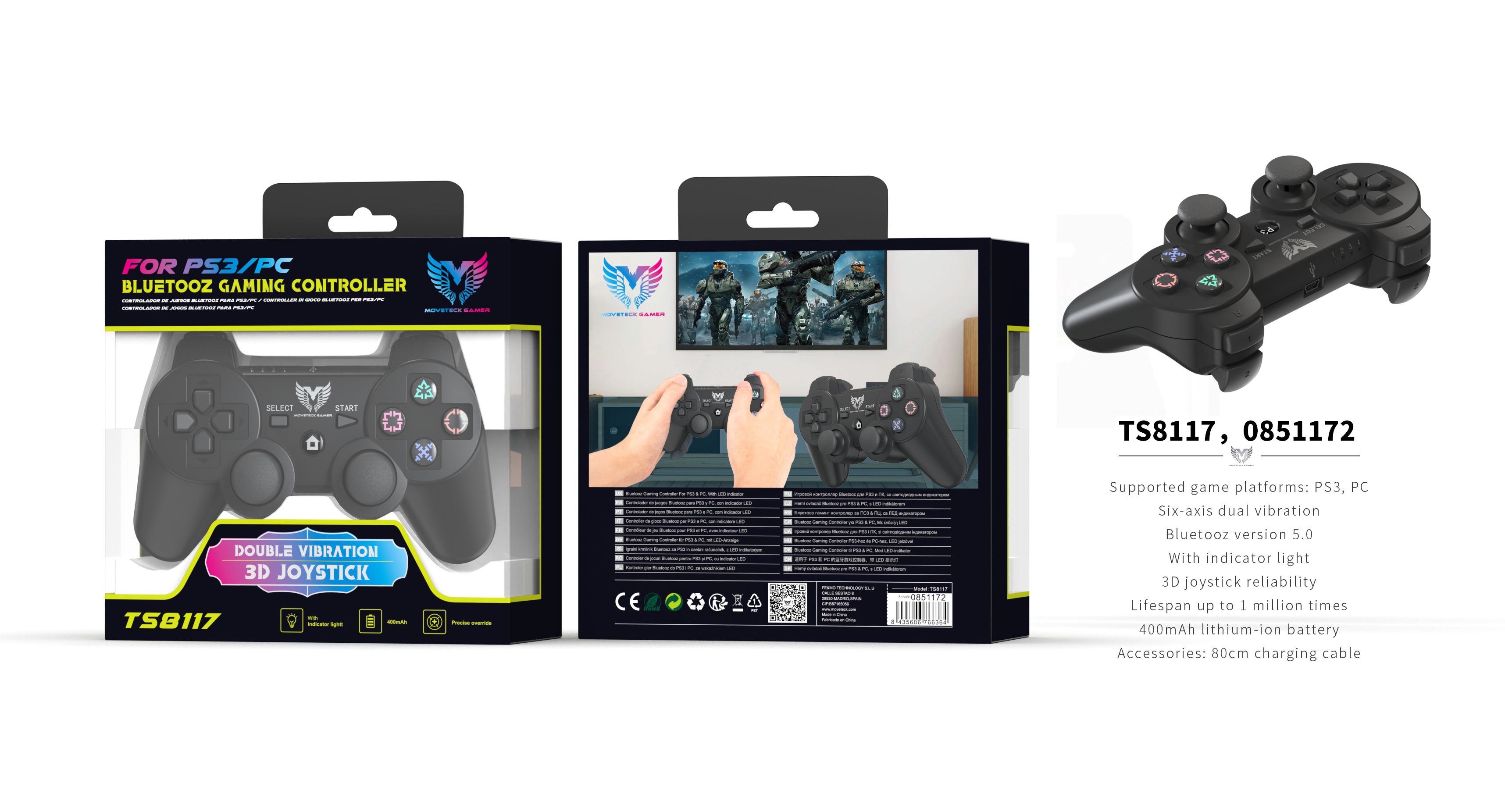 TS8117 NE Mando de control Gaming Con Bluetooth 5.0 para PS3/PC, Con Doble Vibracion, Bateria 400mAh, Negro