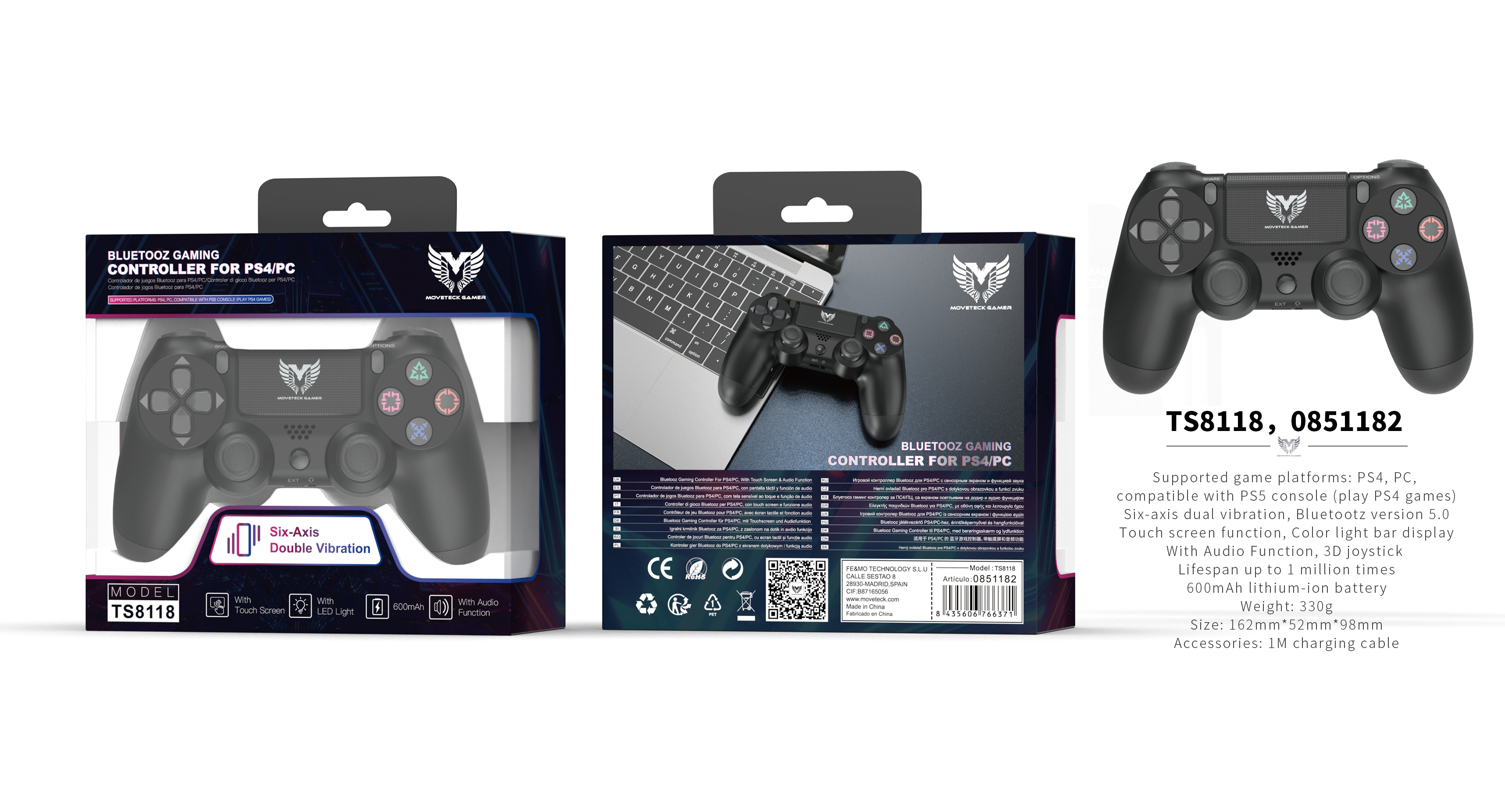 TS8118 NE Mando de control Gaming Con Bluetooth 5.0 para PS4/PC, Con Doble Vibracion, Bateria 600mAh, Negro