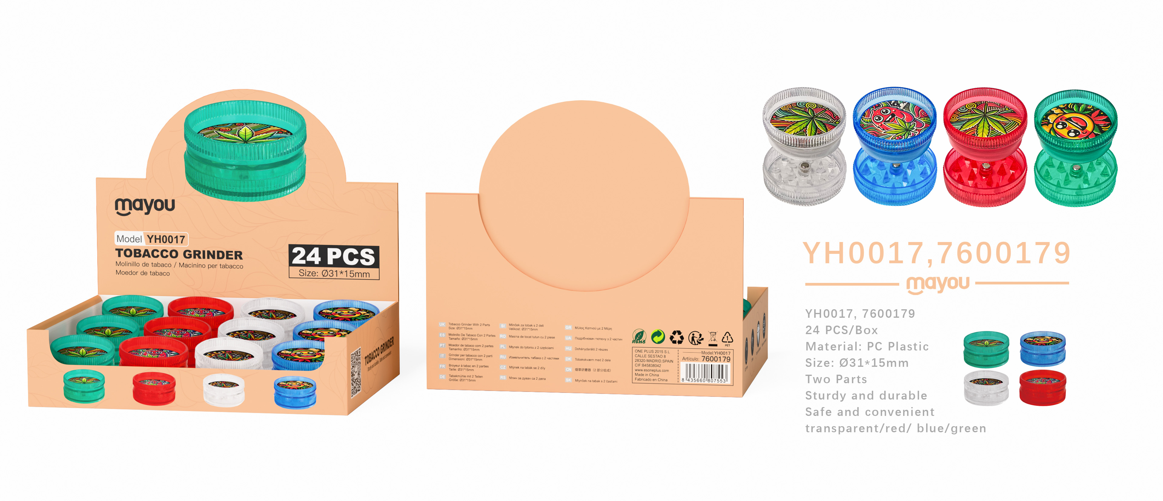 YH0017 Molinillos de tabaco decorados con diseno y 2capas, diametro 31mm(Se vente Pack 24)