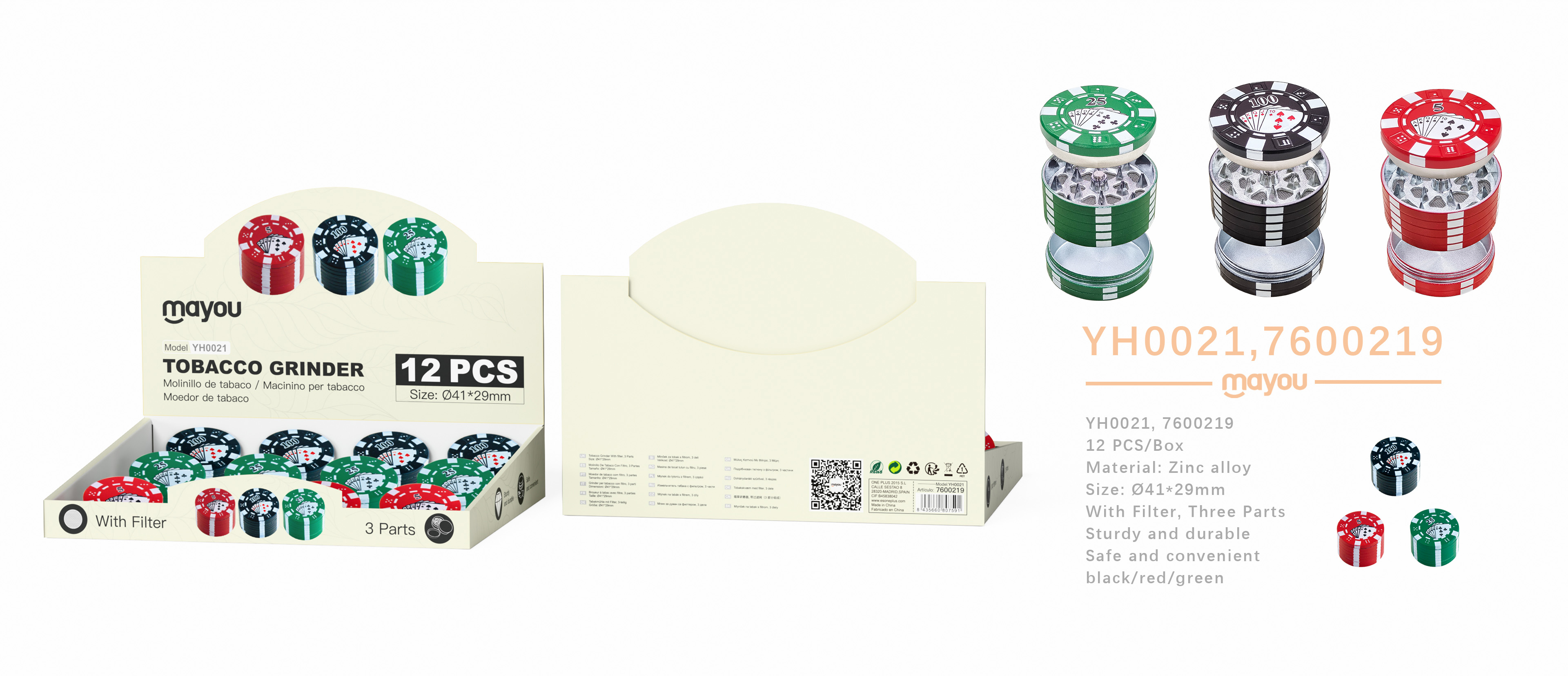 YH0021 Molinillos de tabaco metalico con filtros y 3 capas, decorados con diseno de ficha, diametro