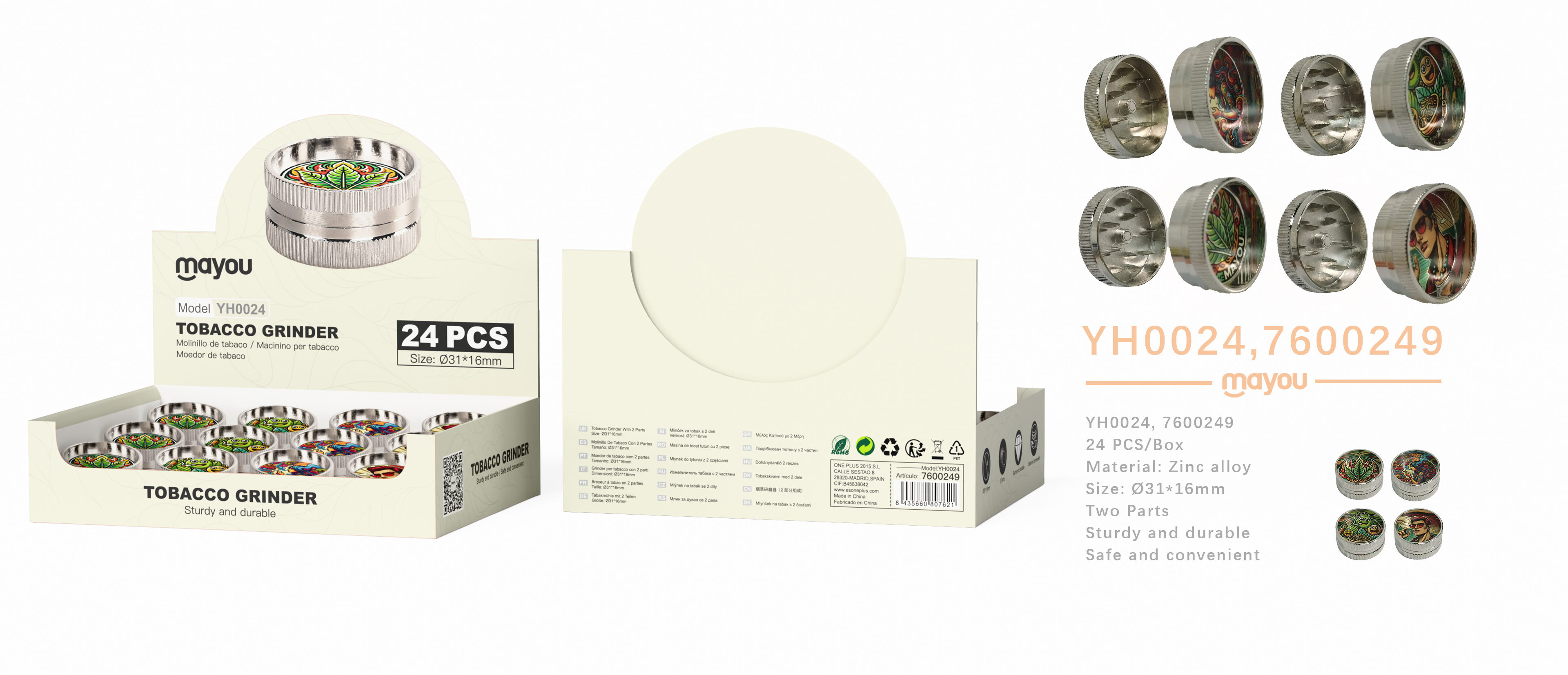 YH0024 Molinillos de tabaco metalico de 2 capas, diametro 31mm(Se vente Pack 24)