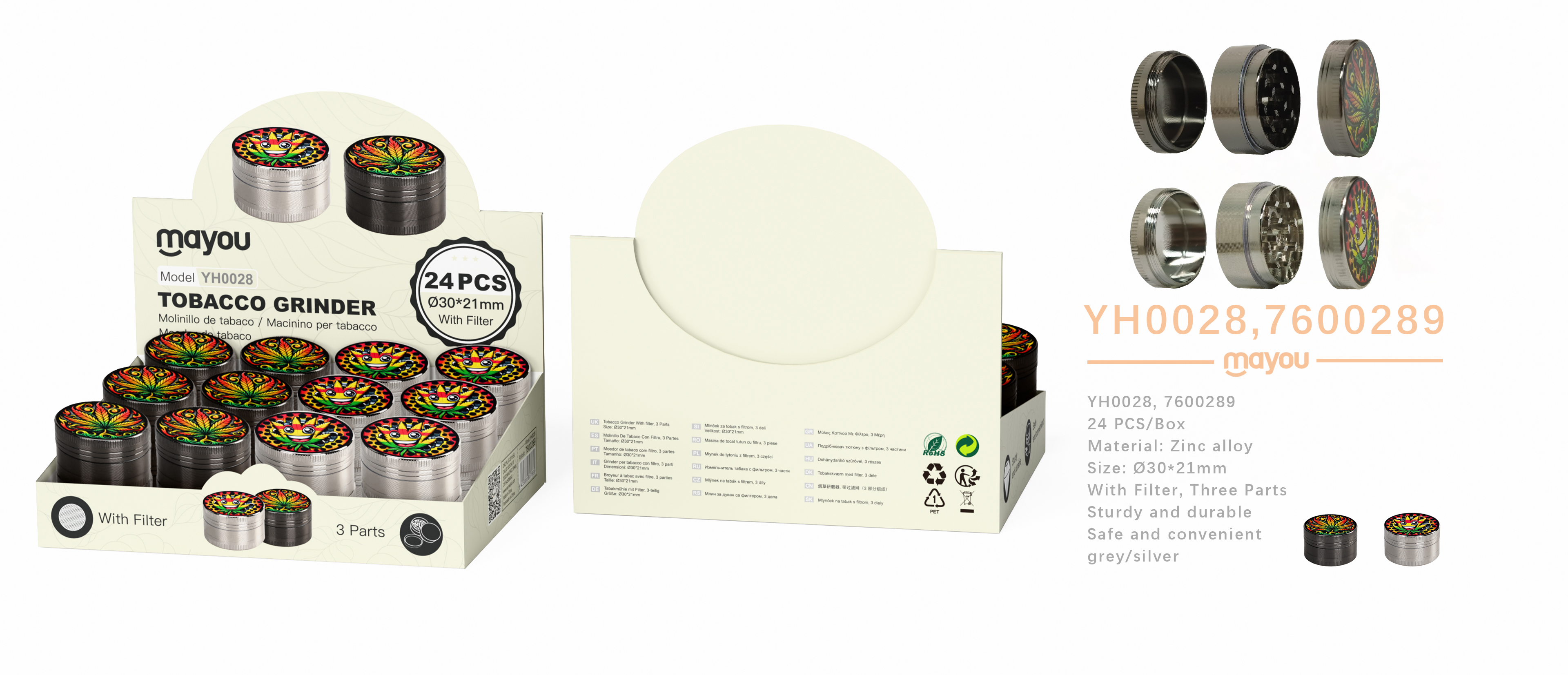 YH0028 Molinillos de tabaco metalico con filtros y 3 capas decorados con, diseno diametro 30mm(Se ve
