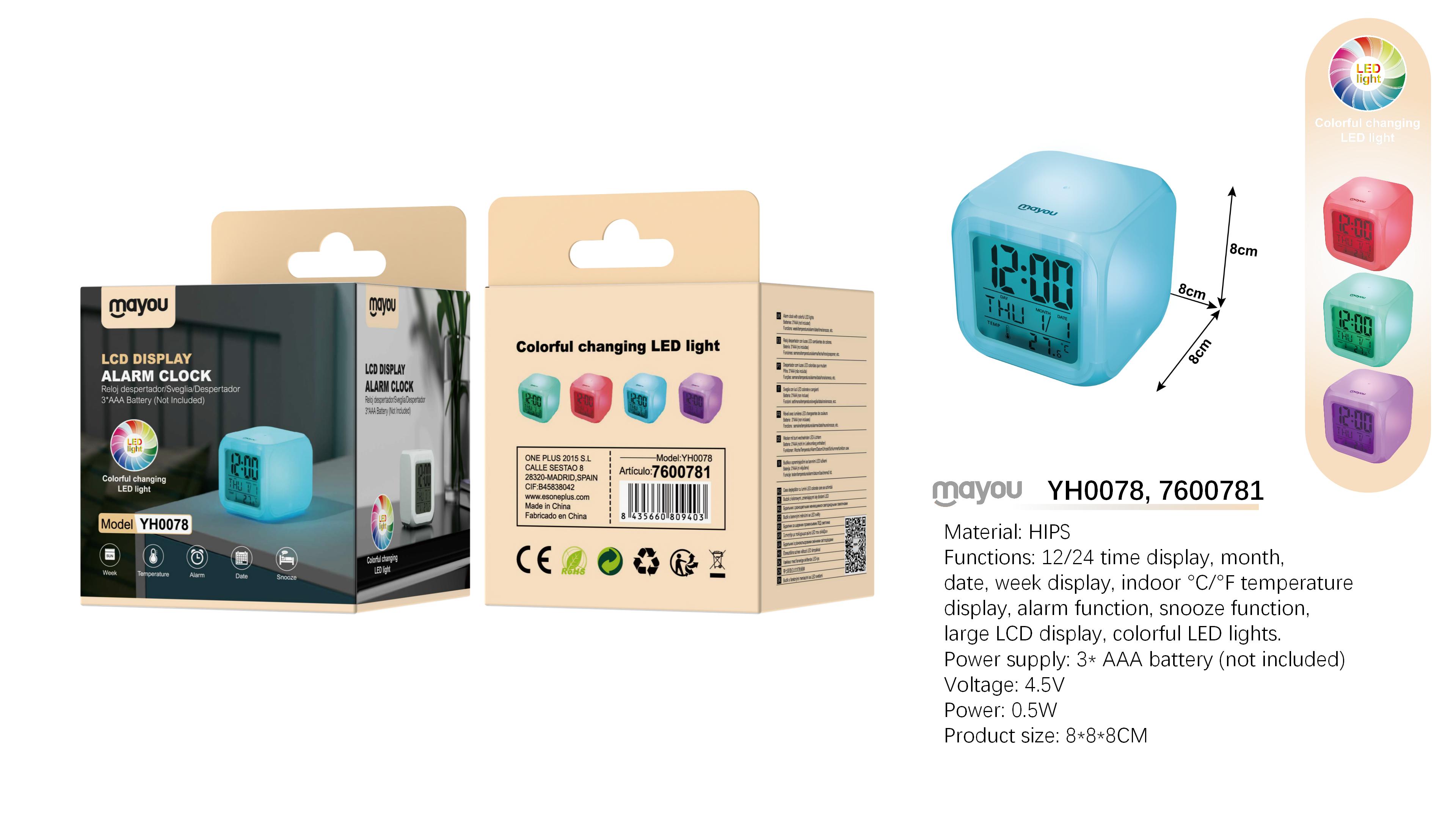 YH0078 Reloj digital con despertador, Luces LED coloridas, Bateria AAA*3 No incluido