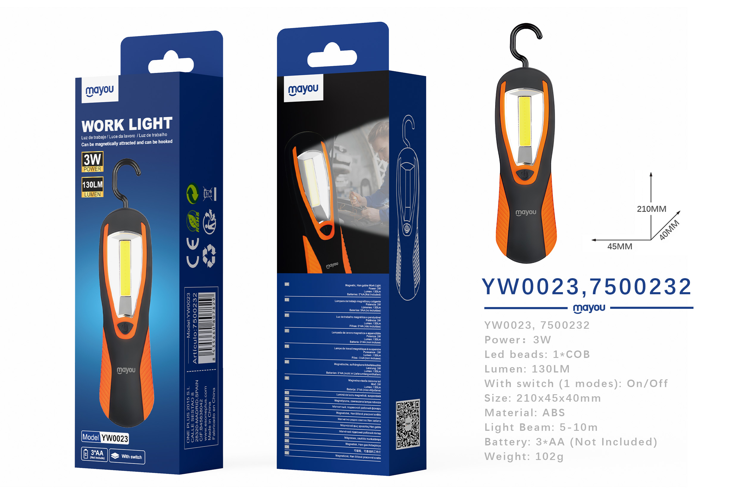 YW0023 NA+NE Linterna COB de trabajo con gancho colgante£¬3W/130LM, Bateria AA*3 No incluido£¬Naranj