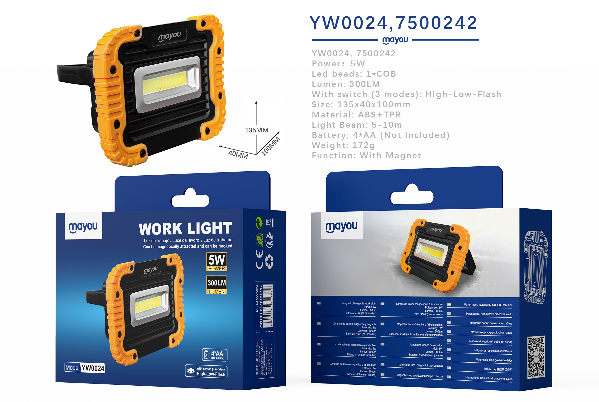 YW0024 AM+NE Linterna COB de trabajo con soporte y iman , 5W/300LM, 3 modos (Fuerte/bajo/flash), Bat